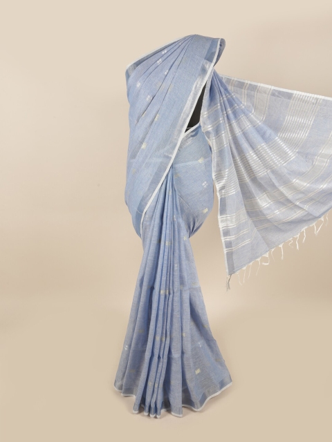 

Pothys Blue & Silver-Toned Woven Design Zari Linen Blend Saree