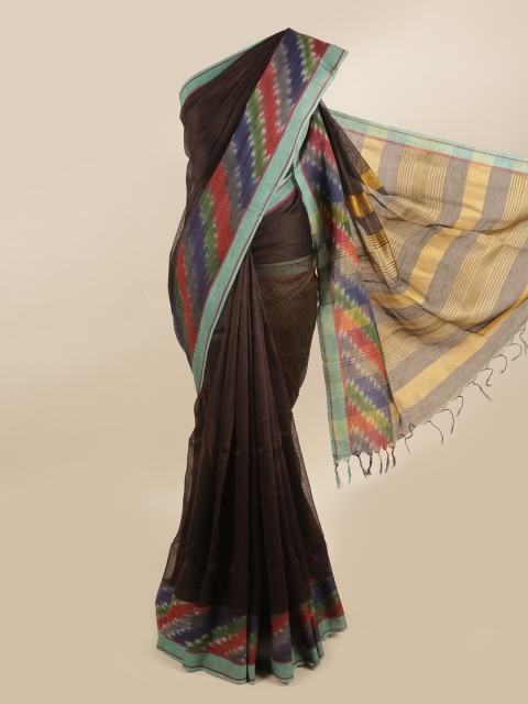 

Pothys Brown & Green Striped Zari Linen Blend Saree