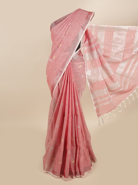 

Pothys Pink & Silver-Toned Woven Design Zari Linen Blend Saree