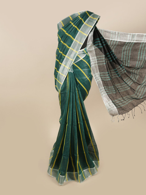 

Pothys Green & Yellow Striped Zari Linen Blend Saree