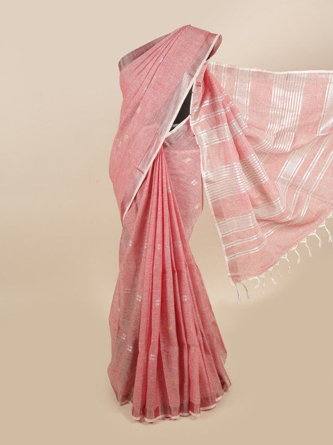 

Pothys Pink & Silver-Toned Woven Design Zari Linen Blend Saree