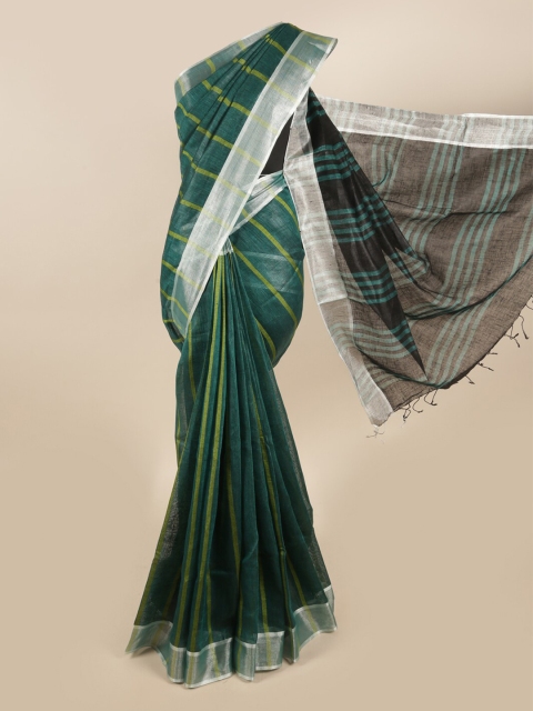 

Pothys Green & Silver Striped Zari Linen Blend Saree