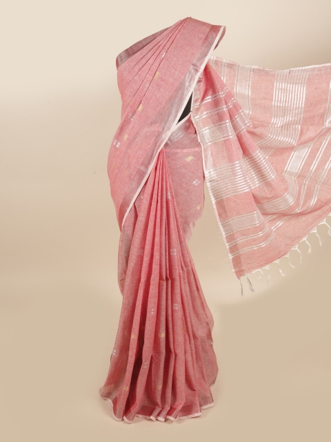 

Pothys Pink & Silver-Toned Zari Linen Blend Saree