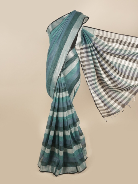 

Pothys Green & Silver-Toned Striped Zari Linen Blend Saree
