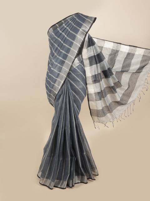 

Pothys Grey & Silver-Coloured Striped Zari Linen Blend Saree