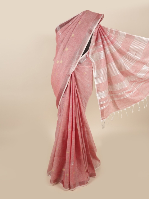 

Pothys Pink & Silver Woven Design Zari Linen Blend Saree
