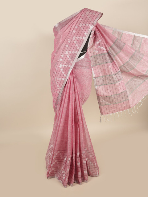 

Pothys Pink & Silver-Toned Woven Design Zari Linen Blend Saree