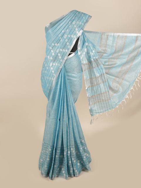 

Pothys Blue & Silver-Toned Zari Linen Blend Saree