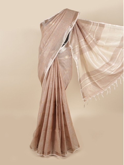 

Pothys Tan & Silver-Toned Woven Design Zari Linen Blend Saree