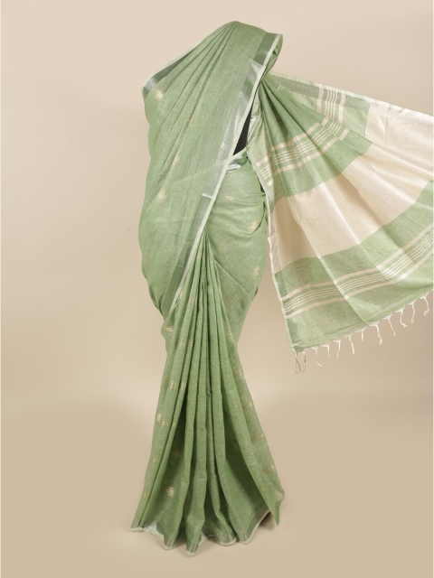 

Pothys Green & Silver Woven Design Zari Linen Blend Saree