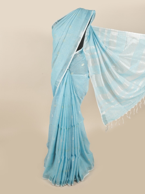 

Pothys Blue & Silver-Toned Woven Design Zari Linen Blend Saree