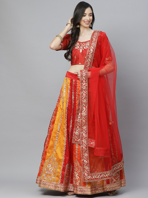 

Readiprint Fashions Red & Mustard Embroidered Semi-Stitched Lehenga & Unstitched Blouse With Dupatta