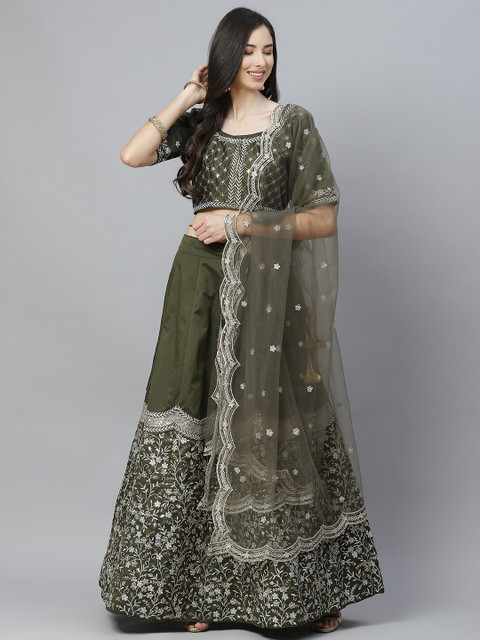 

Readiprint Fashions Green & Olive Embroidered Sequinned Semi-Stitched Lehenga & Unstitched Blouse With