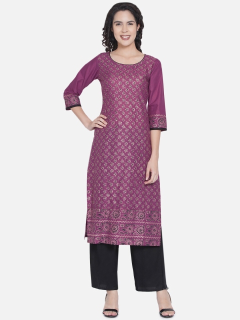 

Akshatani Mauve Floral Printed Straight Pure Cotton Kurta