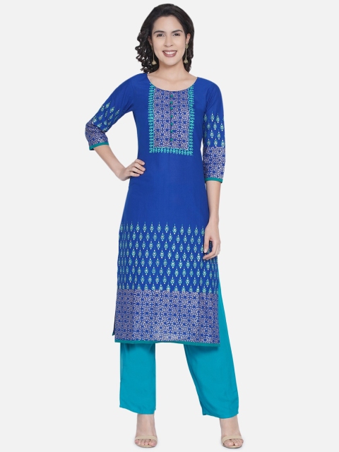 

Akshatani Women Blue & Blue Handblock Printed Ethnic Motifs Pure Cotton Kurta
