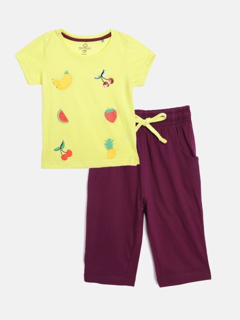 

Sweet Dreams Girls Yellow & Purple Printed Night suit, Lime green