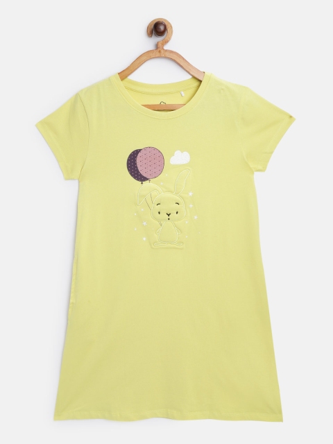 

Sweet Dreams Girls Yellow Solid Nightdress with Conversational Applique Detail