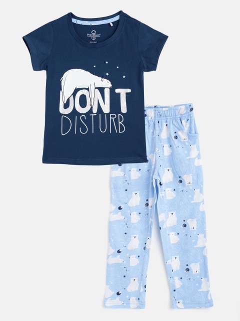 

Sweet Dreams Girls Navy Blue & White Printed Night suit