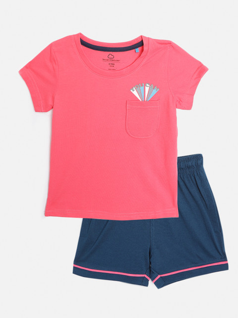 

Sweet Dreams Girls Pink & Navy Blue Solid Shorts Set