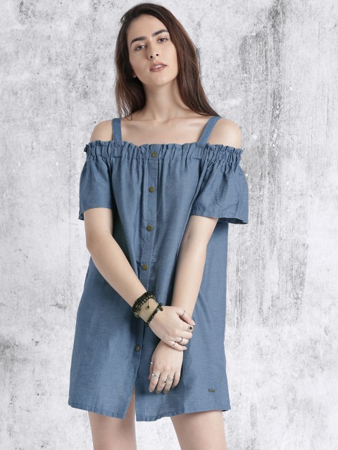 

Roadster Women Blue Solid A-Line Cold Shoulder Dress