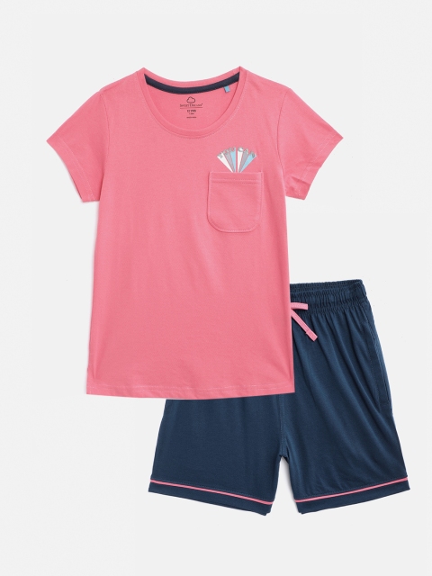 

Sweet Dreams Girls Pink & Navy Blue Solid Night Suit