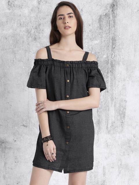 

Roadster Women Black Solid Denim Cold Shoulder A-Line Dress