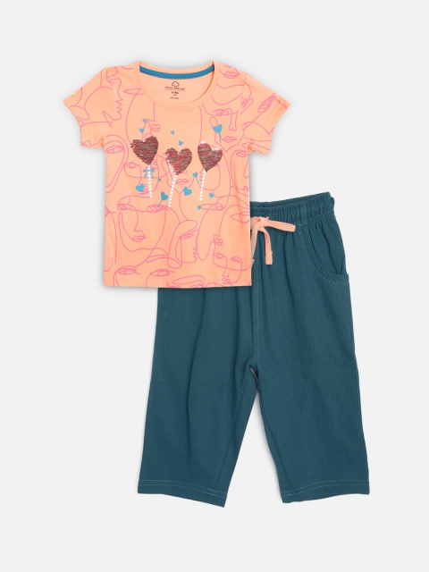 

Sweet Dreams Girls Peach-Coloured & Teal Printed Night suit with Sequenced Detail