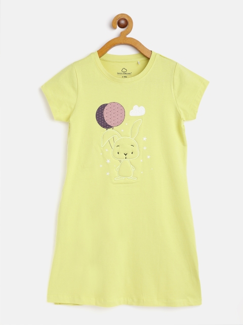 

Sweet Dreams Girls Lime Yellow Conversational Print Tshirt Nightdress with Applique Detail