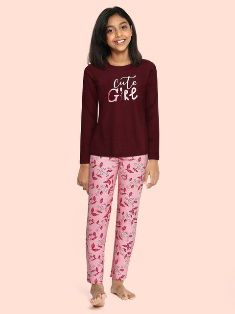 

Sweet Dreams Girls Maroon & Pink Printed Night suit