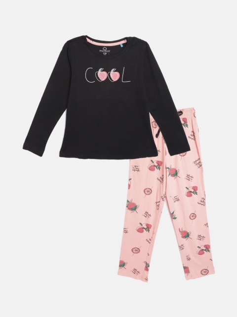 

Sweet Dreams Girls Black & Peach-Coloured Fruits Print Pyjamas Set