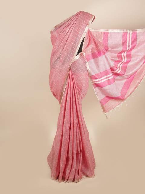 

Pothys Pink & Gold-Toned Striped Zari Linen Blend Saree