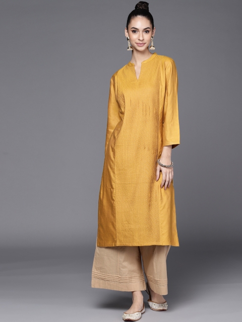 

Fabindia Women Mustard Yellow Self-Striped Straight Kurta