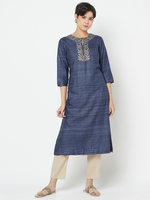 

Fabindia Women Blue Slub Effect Handwoven Thread Work Kurta