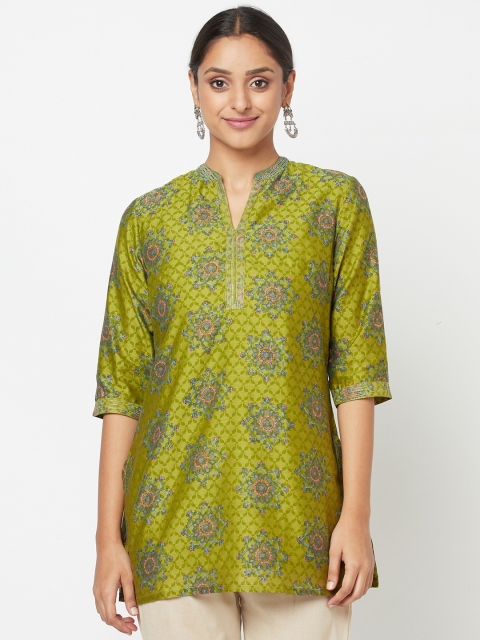 

Fabindia Women Green & Blue Ethnic Motifs Print Mandarin Collar Kurti