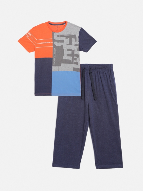 

Sweet Dreams Boys Orange & Navy Blue Printed Night Suit