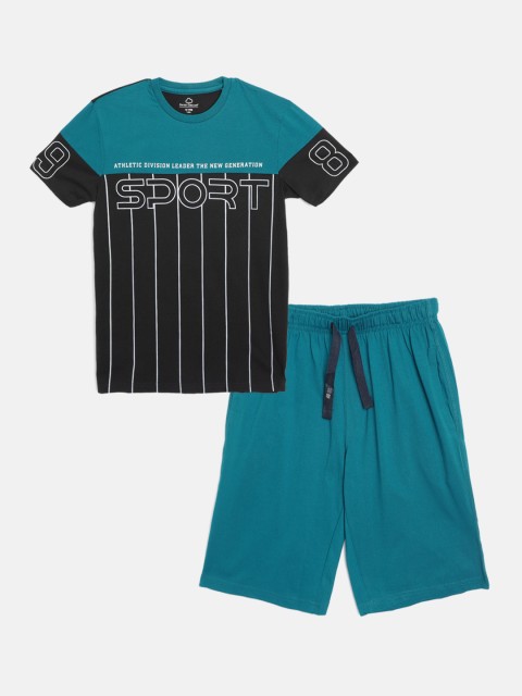 

Sweet Dreams Boys Black & Teal Green Printed Night Suit
