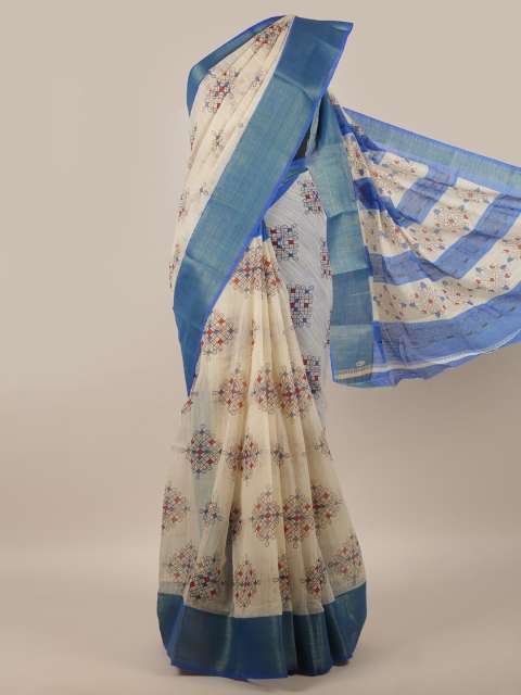 

Pothys Cream-Coloured & Gold-Toned Ethnic Motifs Printed Zari Border Saree