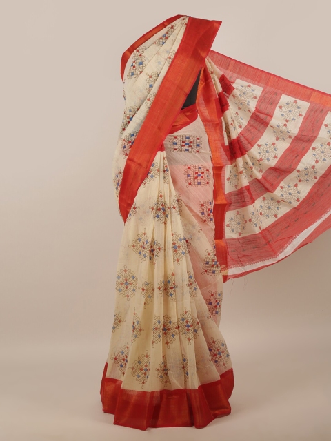 

Pothys Women Cream-Coloured & Red Printed Cotton Blend Saree