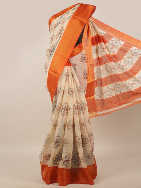 

Pothys Cream-Coloured & Orange Ethnic Motifs Zari Saree