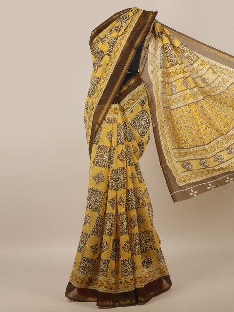 

Pothys Yellow & Brown Geometric Printed Zari Saree