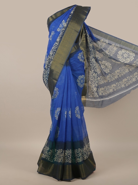 

Pothys Blue & Gold-Toned Floral Printed Zari Border Saree