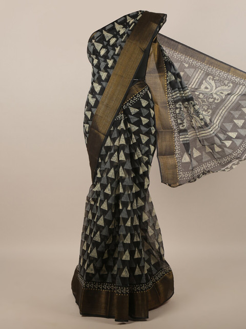 

Pothys Black & Tan Zari Cotton Blend Saree