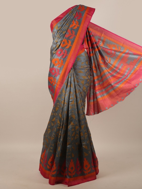 

Pothys Grey & Orange Floral Zari Jute Silk Saree