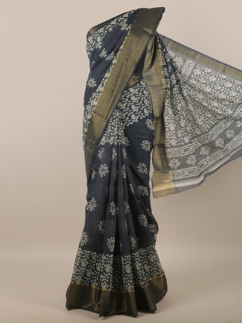 

Pothys Grey & Navy Blue Floral Printed Zari Saree
