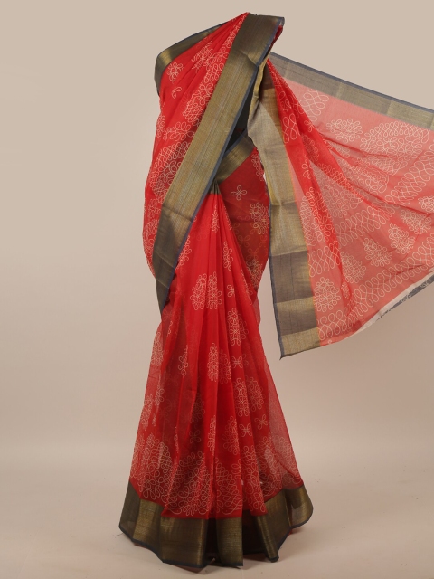 

Pothys Red & White Zari Cotton Blend Saree