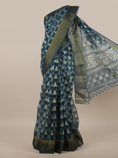 

Pothys Blue & Cream-Coloured Cotton Blend Zari Saree