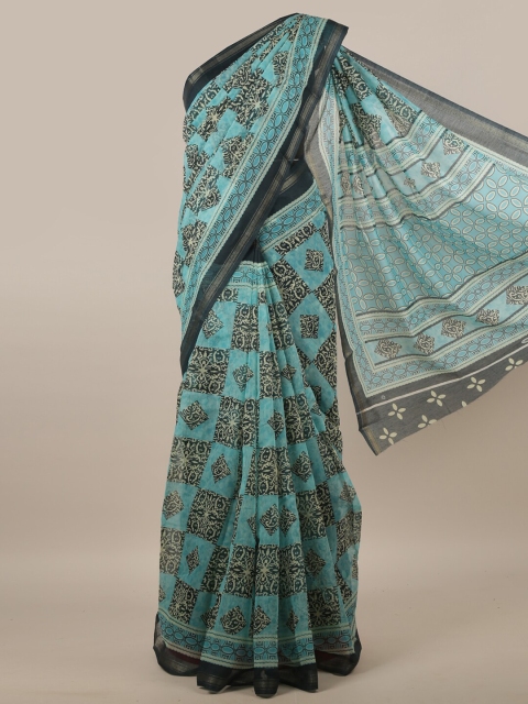 

Pothys Turquoise Blue & Off White Ethnic Motifs Cotton Blend Saree