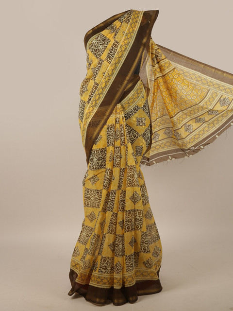 

Pothys Yellow & Brown Ethnic Motifs Printed Zari Saree