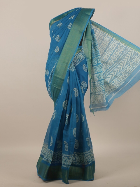 

Pothys Blue & Gold-Toned Paisley Zari Border Saree