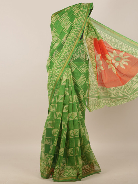 

Pothys Green & Beige Zari Geometric Printed Saree